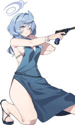 Rule 34 | 1girl, absurdres, ako (blue archive), ako (dress) (blue archive), black footwear, blue archive, blue dress, blue eyes, blue hair, blue halo, bracelet, breasts, cleavage, commentary request, dress, feishi, grey background, gun, hair between eyes, halo, hand up, handgun, highres, holding, holding gun, holding weapon, jewelry, kneeling, long hair, looking at viewer, luger p08, medium breasts, official alternate costume, parted lips, purple nails, sideboob, simple background, solo, thighs, weapon