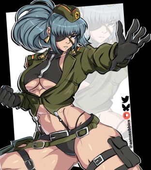 abs antonubbies artist_name beret black_gloves blue_eyes blue_hair breasts eyepatch gloves hat holster leona_heidern muscular muscular_female navel official_alternate_costume snk snk_heroines:_tag_team_frenzy suspenders the_king_of_fighters thigh_holster thong twitter_username underboob underwear