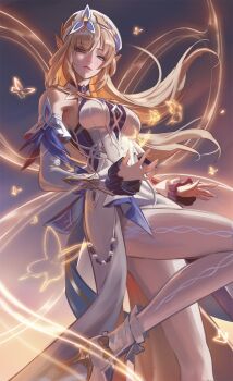 1girl bare_shoulders beret blonde_hair blue_eyes bug butterfly commentary detached_sleeves dress english_commentary from_below genshin_impact hat insect nicole_(genshin_impact) pantyhose parted_lips pointy_ears raikoart solo white_dress white_hat white_pantyhose white_sleeves wide_sleeves