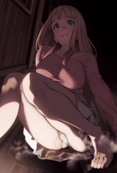 1girl barefoot breasts brown_hair chiarashi_mahina clenched_teeth dark_background green_eyes highres large_breasts long_hair looking_at_viewer nagashii_kouhei on_ground paid_reward_available panties pantyshot pee peeing peeing_self pink_shirt plaid_clothes plaid_skirt scared scary_campus_college_university shirt skirt solo tears teeth underwear white_panties white_skirt wide-eyed