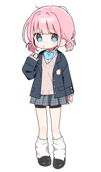 1girl arm_at_side black_jacket black_shoes black_shorts blazer blue_bow blue_bowtie blue_eyes blunt_bangs bow bowtie brown_sweater buttons child dot_nose full_body grey_skirt hair_behind_ear hand_up highres jacket layered_clothes leg_warmers loafers long_sleeves looking_at_viewer no_pupils open_clothes open_jacket original orphaneater_io parted_lips pink_hair plaid_clothes plaid_skirt pleated_skirt school_uniform shirt shoes short_twintails shorts shorts_under_skirt simple_background skirt sleeves_past_wrists solo standing sweater sweater_under_jacket swept_bangs tachi-e triangle_mouth twintails v-neck white_background white_leg_warmers white_shirt wing_collar