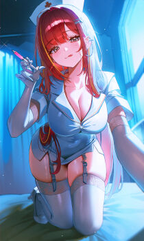 1girl absurdres akane_lize breasts cleavage closed_mouth domi_(hongsung0819) elbow_gloves garter_straps gloves hat highres holding holding_syringe indoors large_breasts long_hair looking_at_viewer mole mole_under_eye multicolored_hair nurse nurse_cap red_hair short_sleeves smile solo stellive streaked_hair syringe thighhighs tongue tongue_out virtual_youtuber white_garter_straps white_gloves white_thighhighs