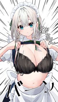 1girl absurdres apron back_bow bad_source black_bra blue_eyes blue_skirt blue_vest bow bowtie bra braid breasts cleavage closed_mouth clothes_lift collared_shirt commentary_request cowboy_shot emphasis_lines expressionless green_bow green_bowtie grey_hair hair_bow highres hira-san izayoi_sakuya large_breasts lifting_own_clothes looking_at_viewer maid_headdress motion_lines navel puffy_short_sleeves puffy_sleeves shirt shirt_lift short_hair short_sleeves skirt solo sound_effects touhou translation_request twin_braids underwear vest white_apron white_background white_bow white_shirt