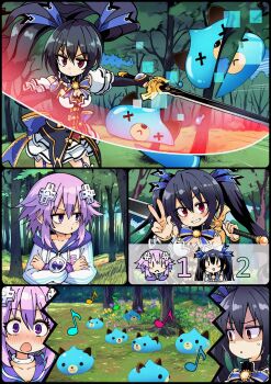 ... 2girls absurdres aderyn ai-assisted attack black_dress black_hair breasts chibi choujigen_game_neptune competition creature crossed_arms defeat dogoo dress flat_chest forest grass hair_ornament hair_ribbon highres holding holding_sword holding_weapon hood hoodie long_hair medium_breasts multiple_girls musical_note nature neptune_(neptunia) neptune_(series) noire_(neptunia) pout purple_hair purple_shoes red_eyes ribbon score shoes short_hair slashing smirk socks striped_clothes striped_socks sword tree twintails v weapon white_hoodie wooden_sword x_x