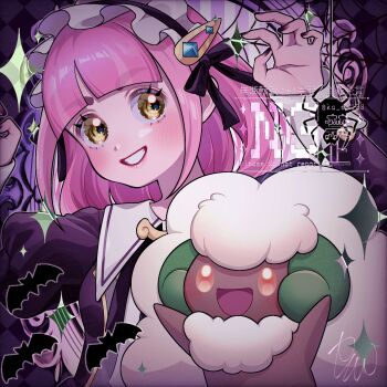 Rule 34 | 1girl, black dress, black nails, claw pose, commentary request, dress, eyelashes, gen 5 pokemon, grin, hair ornament, hairclip, hana e (ka e0128), hands up, happy, headdress, highres, lacey (fall 2025) (pokemon), lacey (pokemon), long hair, nail polish, nintendo, official alternate costume, pink hair, pokemon, pokemon (creature), pokemon masters ex, puffy sleeves, signature, smile, sparkle, teeth, twitter username, watermark, whimsicott, yellow eyes