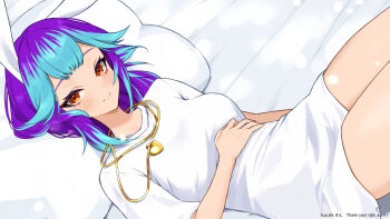 1girl animal_ears blue_hair breasts brown_eyes character_name closed_mouth commentary_request commission heart heart_necklace highres indie_virtual_youtuber jewelry k_(art71) lying multicolored_hair necklace on_back pillow purple_hair rabbit_ears shirt skeb_commission solo streaked_hair suzulie_(vtuber) twitter_username two-tone_hair virtual_youtuber white_shirt
