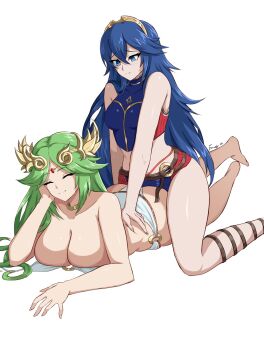 2girls ass bare_shoulders belt blue_eyes blue_hair blush breasts brown_belt cleavage closed_eyes closed_mouth crop_top crossover fgsketch fire_emblem fire_emblem_awakening fire_emblem_cipher forehead_jewel green_hair highres kid_icarus large_breasts laurel_crown long_hair lucina_(cipher_swimsuit)_(fire_emblem) lucina_(fire_emblem) medium_breasts multiple_girls nintendo palutena shorts simple_background smile swimsuit thighhighs tiara white_background