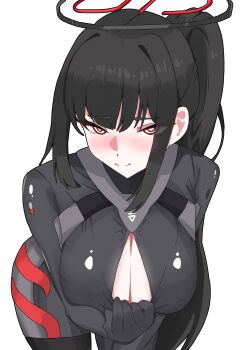 1girl absurdres bent_over black_bodysuit black_hair black_halo blue_archive blush bodysuit bodysuit_pull breasts bright_pupils cleavage commentary_request halo highres huge_breasts impossible_bodysuit impossible_clothes large_breasts latex latex_bodysuit leaning_forward long_hair looking_at_viewer multicolored_halo official_alternate_costume official_alternate_hairstyle ponytail presenting_own_breasts red_eyes ringed_eyes rio_(armed)_(blue_archive) rio_(blue_archive) simple_background skin_tight solo sovely two-tone_halo white_background white_pupils