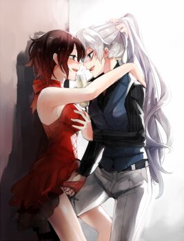 2girls denim fingering hand_in_panties jeans kuma_(bloodycolor) multiple_girls panties pants pussy_juice ruby_rose rwby skirt underwear weiss_schnee wet wet_clothes wet_panties yuri