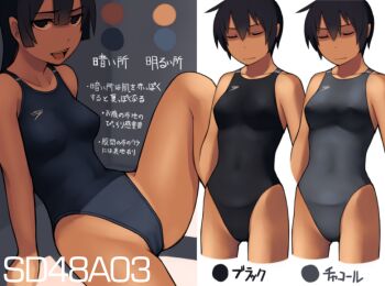 1girl black_eyes black_hair black_one-piece_swimsuit blue_one-piece_swimsuit chart closed_eyes color_guide competition_swimsuit cropped_legs grey_one-piece_swimsuit highleg highleg_one-piece_swimsuit kuronami_(lvi) lvi multiple_views one-piece_swimsuit original revision short_hair sitting speedo_(company) standing swimsuit translated
