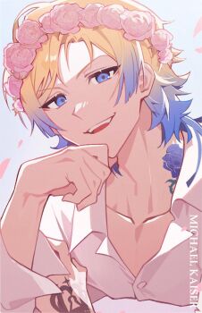 Rule 34 | 1boy, blonde hair, blue eyes, blue hair, blue lock, character name, collarbone, collared shirt, crown tattoo, flower tattoo, gradient hair, hand on own face, hand tattoo, head wreath, looking at viewer, lvemhrd, male focus, michael kaiser, multicolored hair, petals, shirt, short hair, smile, solo, tattoo, two-tone hair, white shirt