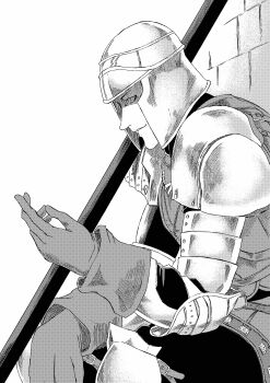 1boy 913kousatu absurdres armor closed_mouth commentary_request cowboy_shot dark_souls_(series) dark_souls_ii from_side gloves greyscale helmet highres holding holding_polearm holding_weapon male_focus mild_mannered_pate monochrome pauldrons polearm shaded_face shoulder_armor sitting smile solo spear weapon