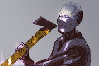 1other american_psycho athena_(the_talos_principle) axe blue_eyes closed_mouth commentary doodles english_commentary fire_axe grey_background holding holding_axe humanoid_robot looking_ahead mrmichaelissebastian robot simple_background smile solo the_talos_principle_(series) the_talos_principle_1 upper_body