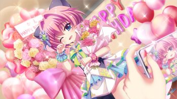 1girl balloon birthday blue_eyes blue_wrist_cuffs blush bouquet bow breasts brooch cellphone character_name cowboy_shot dot_nose dress dutch_angle film_grain flower game_cg green_bow hair_bow hair_intakes hair_ornament hand_up happy_birthday heart_balloon hiiragi_kae holding holding_bouquet holding_phone idol idol_clothes indoors izumi_tsubasu jewelry large_bow lens_flare looking_at_viewer medium_breasts non-web_source official_art one_eye_closed open_mouth phone pink_flower pink_hair pink_rose pink_scrunchie pov pov_hands print_scrunchie purple_bow re:stage! red_flower red_rose rose scrunchie short_dress short_hair single_wrist_cuff smartphone smile solo_focus sparkle star_(symbol) star_balloon star_brooch star_print white_dress white_flower white_rose wrist_cuffs yellow_flower yellow_rose