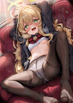 1girl @_@ arms_up black_coat black_pantyhose black_sailor_collar black_serafuku blue_archive blush bound bound_wrists bow bow_panties bowtie bra breasts clothes_lift coat couch crossed_bangs cuffs dot_nose embarrassed fingernails fluffy_hair green_eyes hair_between_eyes halo handcuffed handcuffs high-waist_pantyhose highres indoors kokuto_(kurousagi1210) loli long_hair long_sleeves looking_at_viewer navel on_couch open_clothes open_coat open_mouth open_shirt panties panties_under_pantyhose pantyhose pink_ribbon professor_niyaniya_(blue_archive) red_bow red_bowtie restrained ribbon sailor_collar school_uniform serafuku shirt_lift side_ahoge small_breasts smile solo spread_legs sunlight sweatdrop thighband_pantyhose thighs underwear very_long_hair wavy_hair white_bra white_panties window_blinds yellow_halo