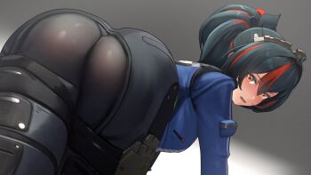 1girl 3d absurdres ass black_hair blue_jacket blush breasts dress hair_between_eyes hair_ornament hairband high-waist_pants highres jacket jesushentaichr8 large_breasts long_hair looking_at_viewer metal_hairband mikumikudance_(medium) multicolored_hair open_mouth pants police police_badge police_uniform policewoman ponytail red_eyes red_streaks simple_background solo streaked_hair tight_clothes tight_pants zenless_zone_zero zhu_yuan