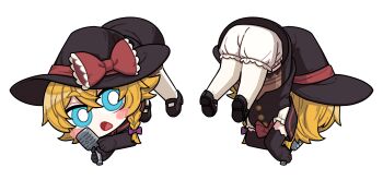 1girl absurdres artist_request black_capelet black_gloves black_hat black_skirt black_vest blonde_hair bloomers blue_eyes blush_stickers bow bowtie braid bright_pupils buttons capelet chibi chibi_only commission cookie_(touhou) elbow_gloves full_body gloves hair_bow hat hat_bow highres holding holding_microphone kirisame_marisa looking_at_viewer meguru_(cookie) microphone multiple_views open_mouth pantyhose red_bow red_bowtie second-party_source shirt short_hair side_braid simple_background single_braid skirt skirt_set touhou transparent_background underwear vest white_bloomers white_pantyhose white_pupils white_shirt witch_hat