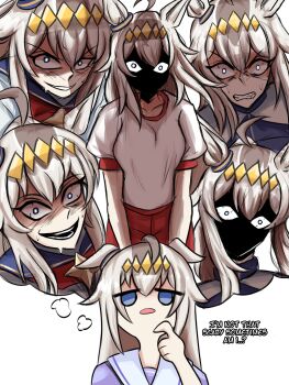 Rule 34 | 1girl, absurdres, animal ears, blue eyes, commentary, english commentary, english text, grey hair, gym uniform, highres, horse ears, horse girl, lad der, oguri cap (umamusume), open mouth, purple shirt, red shorts, sailor collar, school uniform, shirt, shorts, tracen school uniform, umamusume, white sailor collar, white shirt