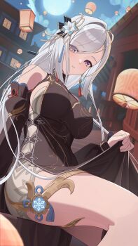 1girl absurdres architecture black_dress blue_eyes blush breasts china_dress chinese_clothes clothes_lift cloud cloudy_sky commentary detached_sleeves dress dress_lift east_asian_architecture eyes_visible_through_hair feet_out_of_frame flower full_moon genshin_impact gold_trim hair_flower hair_ornament hair_over_one_eye highres jewelry jumonji lantern lantern_festival large_breasts lifting_own_clothes light_smile long_hair looking_at_viewer moon night official_alternate_costume outdoors paid_reward_available paper_lantern parted_lips shenhe_(frostflower_dew)_(genshin_impact) shenhe_(genshin_impact) sideboob sideless_dress single_hair_intake sitting sky sky_lantern smile solo thighlet thighs vision_(genshin_impact) white_hair