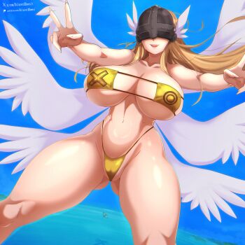 1girl angel angel_wings angewomon bikini blue_background blue_sky covered_eyes cowboy_shot curvy dclaret digimon digimon_(creature) gold_bikini head_wings helmet helmet_over_eyes highres midair multiple_wings ocean shiny_skin sky solo swimsuit thong thong_bikini white_wings wide_hips wings