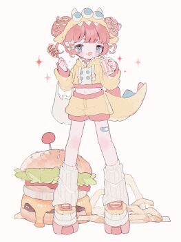 1girl :d bag bandaid bandaid_on_leg blue_eyes blush burger commentary_request corn_dog cup double_bun drawstring drinking_straw food food_on_face french_fries full_body grocery_bag hair_bun hairband highres holding holding_cup holding_food hood hood_down hoodie long_sleeves looking_at_viewer loose_socks midriff navel open_mouth original red_hair ribbed_socks shoes shopping_bag short_hair shorts simple_background smile socks solo sparkle standing tail upa_papa_co v-shaped_eyebrows white_background white_socks yellow_hairband yellow_hoodie yellow_shoes yellow_shorts