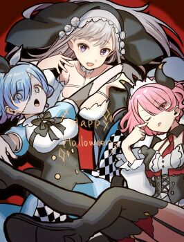 3girls black_bow blue_eyes blue_hair boots bow breasts cleavage demon_horns detached_sleeves dress emilia_(re:zero) grey_hair hair_over_one_eye halloween halloween_costume happy_halloween highres hikineko_re horns long_hair long_sleeves looking_at_viewer medium_breasts multiple_girls necktie nun one_eye_closed open_mouth outstretched_arms pink_eyes pink_hair purple_eyes ram_(re:zero) re:zero_kara_hajimeru_isekai_seikatsu rem_(re:zero) short_hair short_sleeves smile stitches thighhighs tongue tongue_out veil zombie