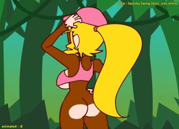 1girl 2021 20s animated animated_gif ass blonde_hair bouncing_breasts breasts cleavage dixie_kong dixie_kong_animation_(minus8) donkey_kong_(series) donkey_kong_country female_focus furry green_eyes hat jungle large_breasts long_hair midriff minuspal monkey monkey_girl nature nintendo ponytail rareware sexually_suggestive solo surprised tagme tree underboob