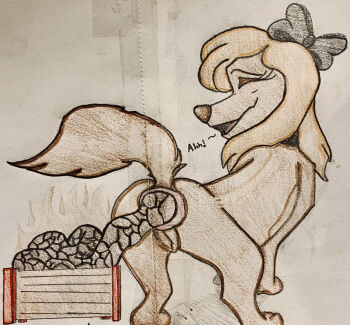 1girl anus bow box commentary defecating disney dixie_(the_fox_and_the_hound) dog duncbone english_commentary highres looking_back poop saluki scat the_fox_and_the_hound wooden_box