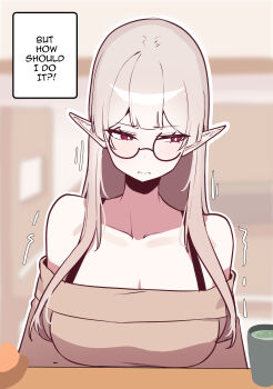 Rule 34 | 1girl, absurdres, bare shoulders, breasts, bright pupils, brown sweater, cleavage, closed mouth, commentary, double-parted bangs, elf, english text, facing viewer, glasses, grey hair, highres, indoors, large breasts, long hair, looking to the side, mirui09, original, pointy ears, red eyes, sidelocks, solo, sweater, trembling, upper body, white pupils
