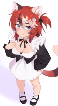 1girl :3 absurdres animal_ear_fluff animal_ears bare_shoulders bell black_hair black_ribbon blue_eyes breasts cat_ears cat_girl cat_hair_ornament cat_tail cleavage_cutout clothing_cutout commentary english_commentary frills full_body hair_between_eyes hair_ornament hair_ribbon highres ivy_(nyaivie) jingle_bell light_blush long_sleeves looking_at_viewer maid mary_janes medium_breasts medium_hair multicolored_hair neck_bell nyaivie one_side_up original puffy_long_sleeves puffy_sleeves red_hair ribbon shoes simple_background slit_pupils smile socks solo standing tail white_background white_hair white_socks