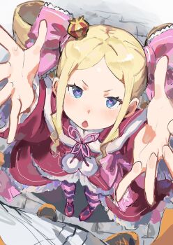 1boy 1girl arms_up beatrice_(re:zero) black_shoes blonde_hair blue_eyes capelet commentary_request crown danroneko dress drill_hair forehead from_above hair_ribbon highres jacket long_hair looking_at_viewer looking_up mini_crown natsuki_subaru pants pov re:zero_kara_hajimeru_isekai_seikatsu red_capelet red_dress ribbon shoes solo_focus track_jacket track_pants twin_drills