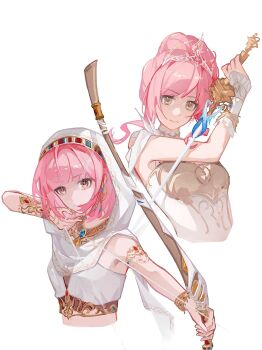 Rule 34 | 2girls, armlet, armor, arrow (projectile), bare shoulders, beads, blue gemstone, blunt bangs, bow (weapon), bracelet, braid, breastplate, brown eyes, chinese commentary, cloak, closed mouth, collar, commentary request, crop top, cropped torso, detached collar, dot nose, drawing bow, dress, dual persona, expressionless, eyelashes, fighting stance, flower, frilled arm warmers, gem, gold armlet, gold bracelet, gold necklace, hair beads, hair bun, hair ornament, hair tubes, happy, high collar, highres, holding, holding arrow, holding bow (weapon), holding sword, holding weapon, hood, hood up, hooded cloak, infinity nikki, jewelry, looking at viewer, loose hair strand, medium hair, melody bloom (infinity nikki), mianmianbujuexiao01828, multiple bracelets, multiple girls, necklace, nikki (nikki), nikki (series), off-shoulder dress, off shoulder, pink hair, purifying wind (infinity nikki), rapier, rose, shirt, short hair with long locks, short sleeves, side braids, sidelocks, simple background, single bracer, single hair bun, sleeveless, sleeveless shirt, smile, sword, tiara, twin braids, updo, wavy hair, weapon, white arm warmers, white background, white cloak, white collar, white dress, white shirt, yellow flower, yellow rose