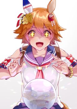 +_+ 1girl akatsuki_(kuon) animal_ears bare_shoulders bead_bracelet beads blue_skirt blush bracelet breasts clover_hair_ornament collarbone commentary_request crystal_ball daruma_doll daruma_doll_hair_ornament doll_hair_ornament ear_covers flipped_hair four-leaf_clover_hair_ornament hair_between_eyes hair_ornament horse_ears horse_girl horse_tail jewelry maneki-neko matikanefukukitaru_(rising_fortune)_(umamusume) matikanefukukitaru_(umamusume) neckerchief open_mouth orange_hair red_neckerchief reflection sailor_collar school_uniform serafuku shirt short_hair single_ear_cover skirt smile solo star-shaped_pupils star_(symbol) symbol-shaped_pupils tail umamusume white_shirt