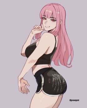1girl :d bare_arms black_tank_top blunt_bangs breasts commentary crop_top dolphin_shorts english_commentary from_side grey_background grin hand_up highres hololive hololive_english large_breasts long_hair looking_at_viewer mori_calliope open_mouth pink_eyes pink_hair pomuya short_shorts shorts sidelocks simple_background smile solo tank_top virtual_youtuber