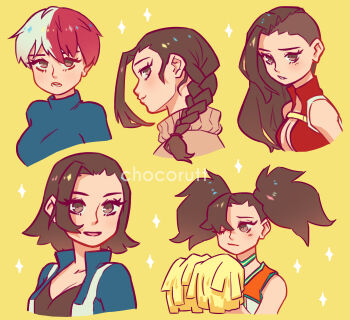 1girl absurdres alternate_hair_color alternate_hair_length alternate_hairstyle artist_name asymmetrical_hair blue_jacket boku_no_hero_academia borrowed_hairstyle braid breasts brown_eyes brown_hair chocorut cleavage closed_mouth commentary english_commentary eyelashes highres holding holding_pom_poms jacket long_hair multicolored_hair multiple_views one_eye_closed open_clothes open_jacket open_mouth pom_pom_(cheerleading) pom_poms red_hair short_hair sidecut simple_background single_braid sleeveless smile sparkle split-color_hair todoroki_shoto turtleneck twintails two-tone_hair undercut very_short_hair white_hair yaoyorozu_momo yellow_background