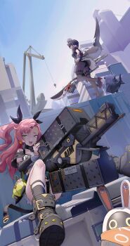 2girls 2others amillion_(zenless_zone_zero) bangboo_(zenless_zone_zero) black_boots black_hair black_panties black_pantyhose black_ribbon black_shoes black_shorts boots building clothing_cutout colored_inner_hair construction_site crane_(machine) crop_top cutoffs earrings ellen_joe eous_(zenless_zone_zero) fins fish_tail frilled_wristband green_eyes hair_ornament hairband hairclip heart heart_earrings heart_necklace highres holding holding_weapon jewelry looking_to_the_side maid_headdress metal_hairband micro_shorts mole mole_under_eye multicolored_hair multiple_girls multiple_others nail_polish necklace nicole_demara open_mouth panties pantyhose pink_hair razor_blade_hair_ornament red_eyes red_nails ribbon scar scar_on_tail shark_girl shark_tail sharkboo_(zenless_zone_zero) shoes shorts shoulder_cutout spiked_headband spread_legs standing standing_on_one_leg strapless stuffed_toy suitcase tail tiaogeng tube_top underwear weapon white_tube_top zenless_zone_zero