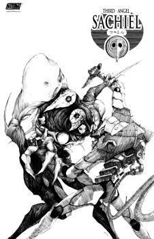 alien angel_(evangelion) character_name commentary dated duel english_commentary eva_01 grabbing_another&#039;s_arm greyscale hatching_(texture) henskelion highres holding holding_knife knife linear_hatching lineart mecha monochrome monster neon_genesis_evangelion no_humans prog_knife robot sachiel_(evangelion) traditional_media twitter_username white_background