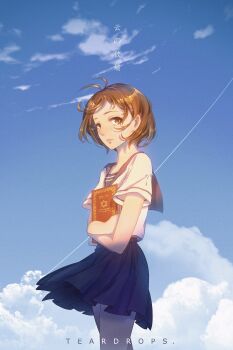 1girl absurdres ahoge artist_name black_skirt blue_sailor_collar blue_skirt book brown_eyes brown_hair cloud commentary_request cowboy_shot crossed_arms day film_grain from_side highres holding holding_book looking_at_viewer original outdoors parted_lips pleated_skirt sailor_collar school_uniform shirt short_hair short_sleeves skirt solo standing teardrops_(user_vgvd7733) translation_request turning_head white_shirt