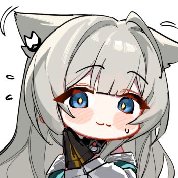 1girl :3 ahoge animal_ears arknights arknights:_endfield bird_ears bird_girl black_gloves blue_eyes blush_stickers chibi commentary flying_sweatdrops gloves grey_hair hair_intakes kinbakuman long_hair looking_at_viewer lowres off_shoulder own_hands_together perlica_(arknights) simple_background solo sweatdrop upper_body white_background yellow_pupils