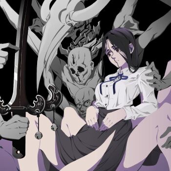 Rule 34 | 1girl, animal skull, arthropod girl, bell, black background, black hair, black ribbon, black skirt, blue ribbon, chainsaw man, collared shirt, darkness devil, extra arms, extra legs, facing to the side, holding, holding sword, holding weapon, hollow eyes, horns, insect girl, long hair, looking at another, looking to the side, multiple heads, princi (chainsaw man), remi tsu, ribbon, shirt, shirt tucked in, skeleton, skirt, spider girl, sword, weapon, white shirt