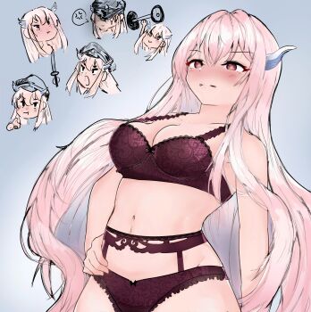 absurdres bare_shoulders blush bra breasts cleavage collarbone embarrassed hand_on_own_hip highres lingerie long_hair mato_seihei_no_slave medium_breasts navel panties pink_hair red_eyes sidelocks simple_background spookm underwear uzen_kyouka very_long_hair