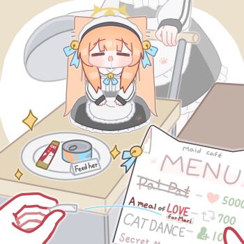 2girls absurdres animal_ears apron bell black_dress blue_archive blue_ribbon blunt_bangs blush can canned_food chibi ciao_churu closed_eyes commentary_request dress drooling english_text hair_bell hair_ornament halo highres holding holding_menu horuhara korean_commentary long_hair long_sleeves mari_(blue_archive) menu multiple_girls neck_bell neck_ribbon no_nose open_mouth orange_hair paw_print pet_food pov pov_hands puffy_long_sleeves puffy_sleeves ribbon saliva solo_focus twintails very_long_hair white_apron yellow_halo