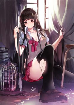 1girl birdcage black_hair black_thighhighs boku_wa_isekai_de_fuyo_mahou_to_shoukan_mahou_wo_tenbin_ni_kakeru book book_stack bow bowtie breasts brown_eyes brown_shoes cage character_request cleavage closed_mouth collarbone cover_image curtain_grab curtains hair_ornament holding holding_polearm holding_spear holding_weapon indoors jpeg_artifacts knee_up loafers long_hair looking_at_viewer loose_bowtie manyako_(mohumohu) medium_breasts miniskirt novel_illustration official_art on_floor open_window plaid_clothes plaid_skirt pleated_skirt polearm red_bow red_bowtie red_skirt school_uniform shimozono_arisu shoes short_sleeves sitting skirt solo spear star_(symbol) star_hair_ornament straight_hair sunlight sweater_vest textless_version thighhighs thighs torn_clothes torn_thighhighs upskirt weapon window