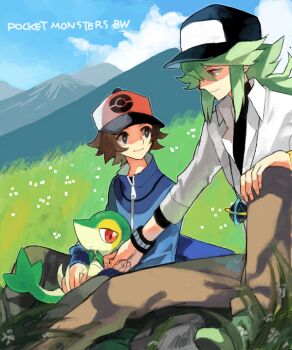 Rule 34 | 2boys, bad drawr id, bad id, blue jacket, gen 5 pokemon, grass, green hair, inube, jacket, light smile, mountain, multiple boys, n (pokemon), nintendo, pokemon, pokemon bw, sitting, snivy
