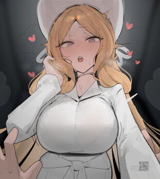 1girl @_@ azz0422 blonde_hair blush breasts character_request choker clothes_around_waist coat commentary grey_eyes hand_on_own_cheek hand_on_own_face heart heavy_breathing highres huge_breasts in_heat long_sleeves looking_at_viewer nintendo open_mouth parted_bangs pokemon pov qr_code white_coat