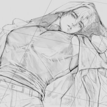 1boy abs absurdres belt cloak cowboy_shot curtained_hair hair_between_eyes half-closed_eyes high_collar highres hood hood_up jacket looking_at_viewer lying male_focus meltoring midriff_peek on_back open_clothes open_jacket original pectorals shirt short_hair sleeveless sleeveless_shirt solo tight_clothes