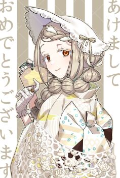 Rule 34 | 1girl, 2025, back bow, blonde hair, bow, braid, braided bangs, braided twintails, chinese zodiac, closed mouth, colored eyelashes, commentary request, ema, from behind, gakuen idolmaster, gloves, hair ornament, hair ribbon, hands up, happy new year, hat, highres, holding, holding ema, idolmaster, japanese clothes, jewelry, kanoko y, kimono, long hair, looking at viewer, new year, orange eyes, ribbon, ring, shawl, shinosawa hiro, smile, snake hair ornament, solo, star (symbol), swept bangs, upper body, white gloves, white hat, white kimono, white ribbon, year of the snake