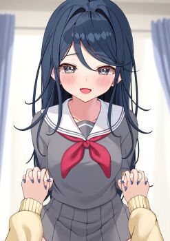 1girl 1other :d black_hair blue_nails blurry blurry_background blush breasts charl2837 collarbone commentary_request curtains dot_nose grey_eyes grey_serafuku grey_shirt grey_skirt hair_between_eyes hands_up highres holding_hands hoshino_ichika_(project_sekai) indoors interlocked_fingers long_hair long_sidelocks long_sleeves looking_at_viewer medium_breasts miyamasuzaka_girls'_academy_school_uniform nail_polish neckerchief open_mouth pleated_skirt pov pov_hands project_sekai raised_inner_eyebrows red_neckerchief sailor_collar school_uniform serafuku shirt sidelocks skirt smile solo_focus white_sailor_collar window yellow_nails