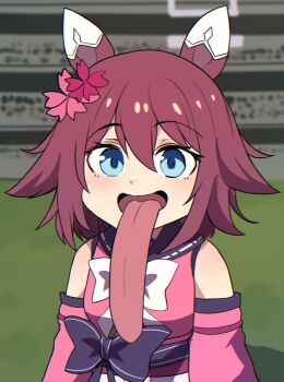 Rule 34 | 1girl, animal ears, blue eyes, blush, breasts, brown hair, chibi, commentary, detached sleeves, ear covers, flower, freaky satono diamond (meme), hair between eyes, hair flaps, hair flower, hair ornament, highres, hinghoi, horse ears, horse girl, long tongue, looking at viewer, medium hair, meme, open mouth, pink hair, pink sleeves, sakura chiyono o (hinoshita kaisan hana akari) (umamusume), sakura chiyono o (umamusume), skirt, smile, solo, tongue, tongue out, umamusume, untranslatable commentary, very long tongue, white skirt