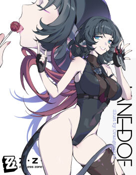 Rule 34 | 1girl, animal ears, artist name, black gloves, black hair, black leotard, blue eyes, breasts, candy, character name, commentary, copyright name, fingerless gloves, food, gloves, hand up, highleg, highleg leotard, highres, holding, holding candy, holding food, holding knife, holding lollipop, index finger raised, jane doe (zenless zone zero), knife, large breasts, leotard, licking, lollipop, long hair, looking at viewer, mouse ears, mouse girl, multicolored hair, multiple views, orange sekaii, red hair, simple background, single thighhigh, standing, thighhighs, thighs, tongue, tongue out, torn clothes, torn thighhighs, two-tone hair, white background, zenless zone zero